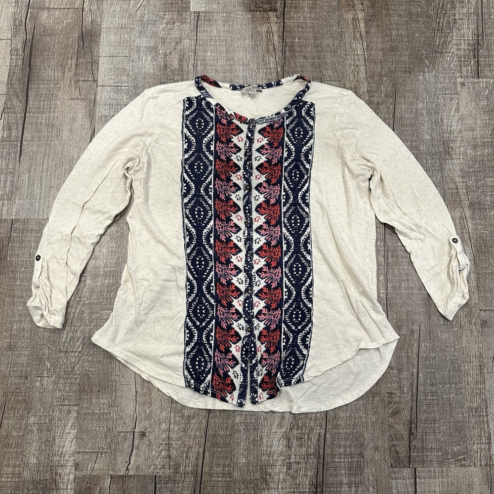 Lucky Brand Womens L Boho Top Long Sleeve‎ Cream Red Blue Hi Lo Relaxed Tab